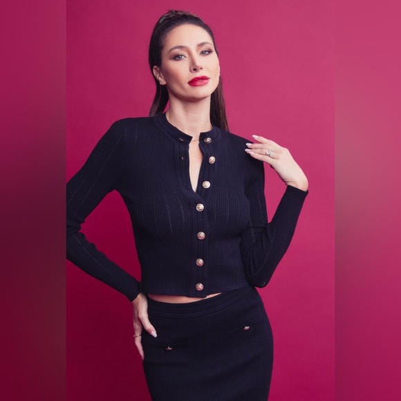 48. Knit Cardigan and Midi Skirt Set in Black - Picture 2 of 5